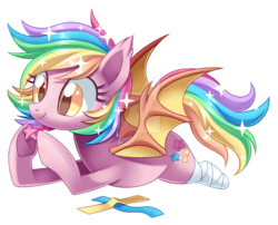 Size: 1024x827 | Tagged: safe, artist:centchi, oc, oc only, oc:paper stars, bat pony, pony, amputee, commission, cute, cute little fangs, deviantart watermark, fangs, female, hoof hold, mare, obtrusive watermark, origami, prone, rainbow hair, simple background, smiling, solo, sparkles, sparkly mane, spread wings, transparent background, watermark