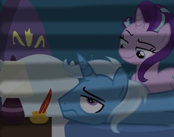 Size: 1877x1478 | Tagged: dead source, safe, artist:drewmwhit, starlight glimmer, trixie, g4, bed, bedroom, female, half r63 shipping, lamp, male, messy mane, quill, rule 63, ship:startrist, ship:startrix, shipping, straight, tristan