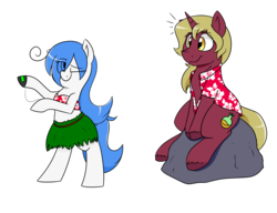 Size: 1280x985 | Tagged: safe, artist:notenoughapples, oc, oc only, oc:flask, oc:mal, pony, bandeau, bipedal, clothes, dancing, grass skirt, hawaiian shirt, hula, hula dance, midriff, simple background, transparent background