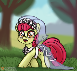 Size: 1500x1396 | Tagged: safe, artist:smudge proof, apple bloom, earth pony, pony, g4, bride, clothes, cutie mark, dress, fangs, female, foal bride, looking at you, marriage, patreon, patreon logo, sketch, solo, sweet apple acres, the cmc's cutie marks, waifu, wedding, wedding dress