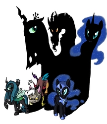 Size: 1417x1639 | Tagged: safe, artist:assassin-or-shadow, discord, nightmare moon, queen chrysalis, g4, shadow, younger