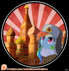 Size: 841x867 | Tagged: safe, artist:sorcerushorserus, rainbow dash, g4, cathedral, church, cross, female, moscow, patreon, patreon logo, russia, solo, soviet, soviet union, st. basil's cathedral, sunburst background