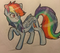 Size: 2448x2195 | Tagged: safe, artist:snowfoxythefox, rainbow dash, g4, ballpoint pen, colored, colored pencil drawing, colored sketch, cute, dashabetes, determined, female, high res, legs in air, looking back, pencil, pencil drawing, simple background, smiling, smirk, solo, traditional art, wip