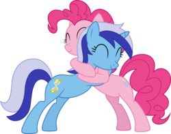 Size: 10000x7834 | Tagged: safe, artist:trildar, minuette, pinkie pie, earth pony, pony, unicorn, amending fences, g4, .svg available, ^^, absurd resolution, bipedal, bipedal leaning, cute, eyes closed, hug, leaning, simple background, transparent background, vector