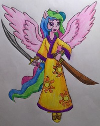 Size: 2004x2523 | Tagged: safe, artist:bozzerkazooers, princess celestia, principal celestia, equestria girls, g4, ambiguously asian robe, clothes, female, high res, ponied up, scimitar, solo, sword, traditional art, weapon