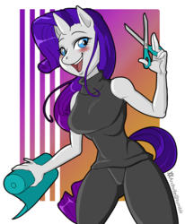 Size: 818x995 | Tagged: safe, artist:chetty, rarity, anthro, g4, blushing, clothes, fabric, female, scissors, smiling, solo