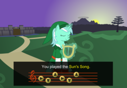 Size: 1124x785 | Tagged: safe, artist:pageturner1988, lyra heartstrings, g4, crossover, female, link, lyre, music, solo, sun's song, the legend of zelda, the legend of zelda: ocarina of time
