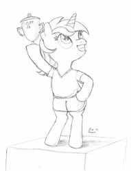 Size: 726x950 | Tagged: safe, artist:pageturner1988, lyra heartstrings, pony, g4, bipedal, black and white, female, grayscale, monochrome, sketch, solo, trophy