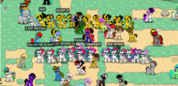 Size: 1890x912 | Tagged: safe, nightmare rarity, princess celestia, oc, oc:beeatrice, oc:beechains, oc:beeraker, oc:lessbeei, oc:rivibee, bee, pony, pony town, g4, conformity, food, potato