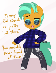Size: 1555x2000 | Tagged: safe, artist:kryptchild, snails, pony, g4, bipedal, clothes, collar, cute, eyeshadow, glitter shell, hairclip, hipster, jimmy eat world, makeup, male, plaid shirt, socks, solo, stockings, sunglasses