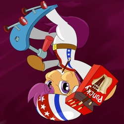 Size: 2000x2000 | Tagged: safe, artist:osakaoji, scootaloo, g4, clothes, costume, evel knievel, female, food, helmet, pocky, scooter, solo, upside down