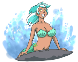 Size: 1000x788 | Tagged: safe, artist:moronsonofboron, lyra heartstrings, human, mermaid, g4, belly button, breasts, busty lyra heartstrings, cleavage, crossover, cutie mark, disney, disney princess, female, human lovers, humanized, irrational exuberance, lyriel, mermaid lyra, mermaidized, midriff, moderate dark skin, nail polish, princess ariel, seapony lyra, seashell, seashell bra, smiling, solo, the little mermaid