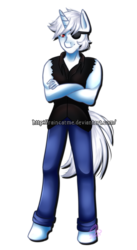 Size: 812x1482 | Tagged: safe, artist:seaslain, oc, oc only, oc:caperetox, unicorn, anthro, unguligrade anthro, anthro oc, clothes, crossed arms, eyepatch, jeans, pants, red eye, solo