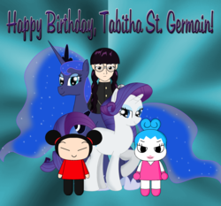 Size: 2242x2090 | Tagged: safe, artist:cyber-murph, princess luna, rarity, g4, black lagoon, crossover, happy birthday, high res, pucca, ringring, roberta, tabitha st. germain, tribute, voice actor