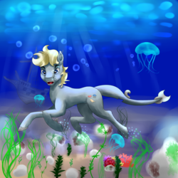 Size: 2000x2000 | Tagged: safe, artist:heniek, oc, oc only, jellyfish, original species, pony, shark, shark pony, bubble, high res, rock, solo, swimming, underwater, water