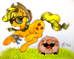 Size: 1024x824 | Tagged: safe, artist:lailyren, applejack, pig, g4, 2016, blue ribbon, braid, glasses, grass, looking at you, smiling, sunglasses, traditional art