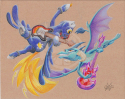 Size: 1008x800 | Tagged: safe, artist:zene, princess ember, oc, oc:indy, dragon, g4, guitar, that dragon sure does love guitars