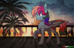 Size: 2100x1350 | Tagged: safe, artist:redchetgreen, oc, oc only, pegasus, pony, lens flare, looking at you, palm tree, raised hoof, solo, sternocleidomastoid, sunset, tree