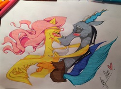 Size: 2839x2092 | Tagged: safe, artist:byannss, discord, fluttershy, g4, blushing, female, high res, kissing, male, ship:discoshy, shipping, straight, traditional art