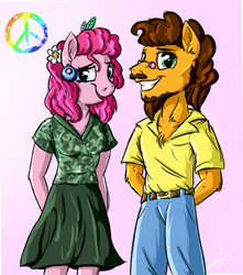 Size: 600x680 | Tagged: safe, artist:shimazun, cheese sandwich, pinkie pie, anthro, g4, beard, clothes, duo, facial hair, female, hippie, male, peace symbol, ship:cheesepie, shipping, skirt, straight