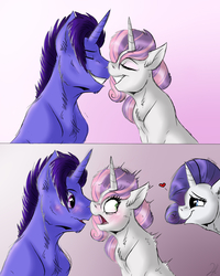 Size: 1200x1500 | Tagged: safe, artist:shimazun, rarity, sweetie belle, oc, pony, g4, canon x oc, caught, female, heart, male, nuzzling, older, shipper on deck, shipping, siblings, sisters, straight, trio