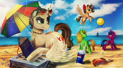 Size: 4500x2500 | Tagged: safe, artist:das_leben, oc, oc only, alicorn, crab, pony, alicorn oc, ball, beach, boat, book, family, hair bow, sunglasses, umbrella