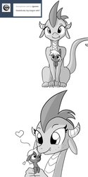 Size: 864x1728 | Tagged: safe, artist:tjpones, oc, oc only, oc:dragon wife, oc:treasure trotonopolis, dragon, earth pony, pony, horse wife, ask, comic, cute, grayscale, heart, holding a pony, macro, monochrome, simple background, size difference, tumblr, white background