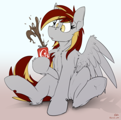 Size: 2478x2439 | Tagged: safe, artist:ralek, oc, oc only, oc:tinker toy, pegasus, pony, coke, high res, not derpy, simple background, sitting, soda, soda can, solo, spray, surprised