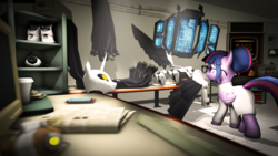 Size: 1920x1080 | Tagged: dead source, safe, artist:thom330, twilight sparkle, pony, robot, robot pony, equestria girls, g4, 3d, clothes, computer, equestria girls ponified, food, glados, glasses, hair bun, lab coat, long fall horseshoe, newspaper, ponified, portal (valve), portal 2, portal gun, potato, twilight sparkle (alicorn)