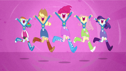 Size: 1240x699 | Tagged: safe, screencap, applejack, fluttershy, pinkie pie, rainbow dash, rarity, equestria girls, g4, balloon, boots, clothes, cowboy boots, female, helping twilight win the crown, high heel boots, jumping, skirt