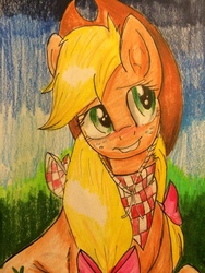 Size: 3264x2448 | Tagged: safe, artist:snowfoxythefox, derpibooru exclusive, applejack, g4, accessory, alternate hairstyle, bandana, blushing, bow, chest fluff, colored, colored pencil drawing, colored sketch, cowboy hat, female, hat, high res, lip bite, looking up, pen drawing, pencil, pencil drawing, solo, traditional art
