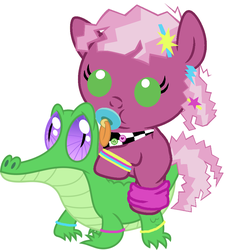 Size: 836x917 | Tagged: safe, artist:red4567, cheerilee, gummy, earth pony, pony, g4, 80s, 80s cheerilee, 80s hair, baby, baby pony, cheeribetes, cheerliee riding gummy, cute, pacifier, ponies riding gators, riding, weapons-grade cute