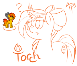 Size: 760x650 | Tagged: safe, artist:glimglam, oc, oc only, oc:torch, pony, unicorn, pony town, fangs, fire, frown, hair bow, lineart, monochrome, pixel art, question mark, solo