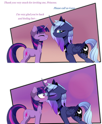 Size: 1280x1558 | Tagged: dead source, safe, artist:magnaluna, princess luna, twilight sparkle, alicorn, pony, unicorn, blushing, curved horn, eyes closed, female, floppy ears, heart, kissing, lesbian, mare, s1 luna, shipping, simple background, smiling, surprise kiss, twiluna, white background, wide eyes