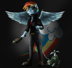 Size: 1600x1520 | Tagged: safe, artist:shimazun, rainbow dash, tank, anthro, g4, chains, sunglasses