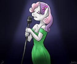 Size: 600x500 | Tagged: safe, artist:shimazun, sweetie belle, anthro, g4, breasts, cleavage, clothes, crying, dress, female, singing, solo