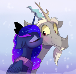 Size: 2174x2132 | Tagged: safe, artist:elementalokami, discord, princess luna, alicorn, draconequus, pony, g4, cheek kiss, duo, female, high res, kissing, male, mare, ship:lunacord, shipping, straight