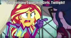 Size: 619x333 | Tagged: safe, edit, edited screencap, screencap, sci-twi, sunset shimmer, twilight sparkle, equestria girls, g4, my little pony equestria girls: friendship games, angry, caption, image macro, meme, mouthpiece, pointing, sunset yells at twilight, yugioh abridged