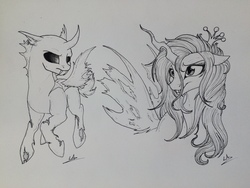 Size: 3264x2448 | Tagged: safe, artist:lupiarts, queen chrysalis, changeling, g4, high res, monochrome, traditional art