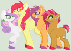Size: 3024x2160 | Tagged: safe, artist:awkwardchiid, apple bloom, babs seed, scootaloo, sweetie belle, g4, cutie mark crusaders, ear piercing, earring, high res, jewelry, older, piercing, simple background