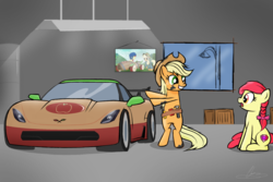 Size: 2500x1668 | Tagged: safe, artist:oinktweetstudios, apple bloom, applejack, pony, g4, the cart before the ponies, backwards cutie mark, bipedal, car, chevrolet, chevrolet corvette, corvette, corvette c7, cutie mark, older, open mouth, sitting, supercar, the cmc's cutie marks