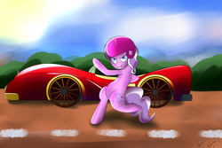 Size: 6000x4000 | Tagged: safe, artist:wilshirewolf, diamond tiara, earth pony, pony, g4, the cart before the ponies, absurd resolution, bipedal, car, female, grin, helmet, smiling, solo, speed racer, standing, standing on one leg