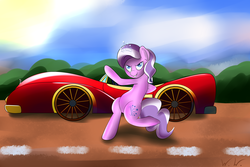 Size: 6000x4000 | Tagged: safe, artist:wilshirewolf, diamond tiara, earth pony, pony, g4, the cart before the ponies, absurd resolution, bipedal, car, female, grin, smiling, solo, speed racer, standing, standing on one leg