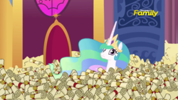 Size: 1280x720 | Tagged: safe, screencap, princess celestia, alicorn, pony, 28 pranks later, g4, season 6, adorable distress, big ol' pile o' scrolls, cute, cutelestia, discovery family logo, female, frown, jewelry, looking at you, mare, peytral, regalia, solo, spam, this will end in tears and/or a journey to the moon, wide eyes