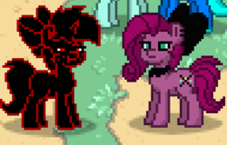 Size: 379x242 | Tagged: safe, pinkie pie, oc, oc:caki, pony, pony town, g4, photo shoot of caki, pinkamena diane pie