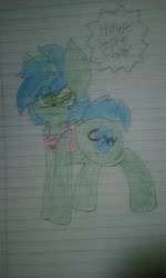 Size: 768x1280 | Tagged: safe, artist:chillywilly, oc, oc only, oc:chilly willy, pony, unicorn, apron, chest fluff, clothes, crossdressing, cute, eye clipping through hair, glasses, housewife, lined paper, male, naked apron, smiling, solo, stallion, traditional art