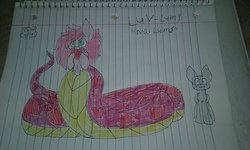 Size: 2560x1536 | Tagged: safe, artist:chillywilly, oc, oc only, oc:luv lums, lamia, original species, heart, lined paper, male, traditional art