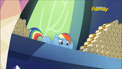 Size: 1334x750 | Tagged: safe, screencap, rainbow dash, pegasus, pony, 28 pranks later, g4, ceiling pony, cute, dashabetes, discovery family logo, female, letter, mare, scroll, smiling, solo
