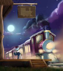Size: 1237x1400 | Tagged: safe, artist:mechagen, all aboard, g4, cloud, conductor, friendship express, full moon, male, moon, night, night sky, signature, sky, solo, starry night, stars, train, train station