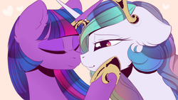 Size: 1280x721 | Tagged: dead source, safe, artist:magnaluna, princess celestia, twilight sparkle, alicorn, pony, g4, eyes closed, female, horn, horn jewelry, horns are touching, jewelry, lesbian, mare, ship:twilestia, shipping, smiling, twilight sparkle (alicorn)